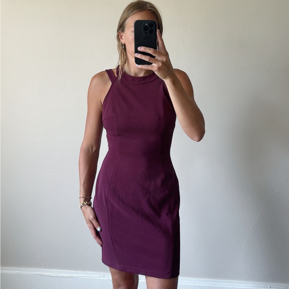 Mystic Merlot Bodycon Strappy‎ Purple Dress Cutout Neck Burgundy Racerback Dress